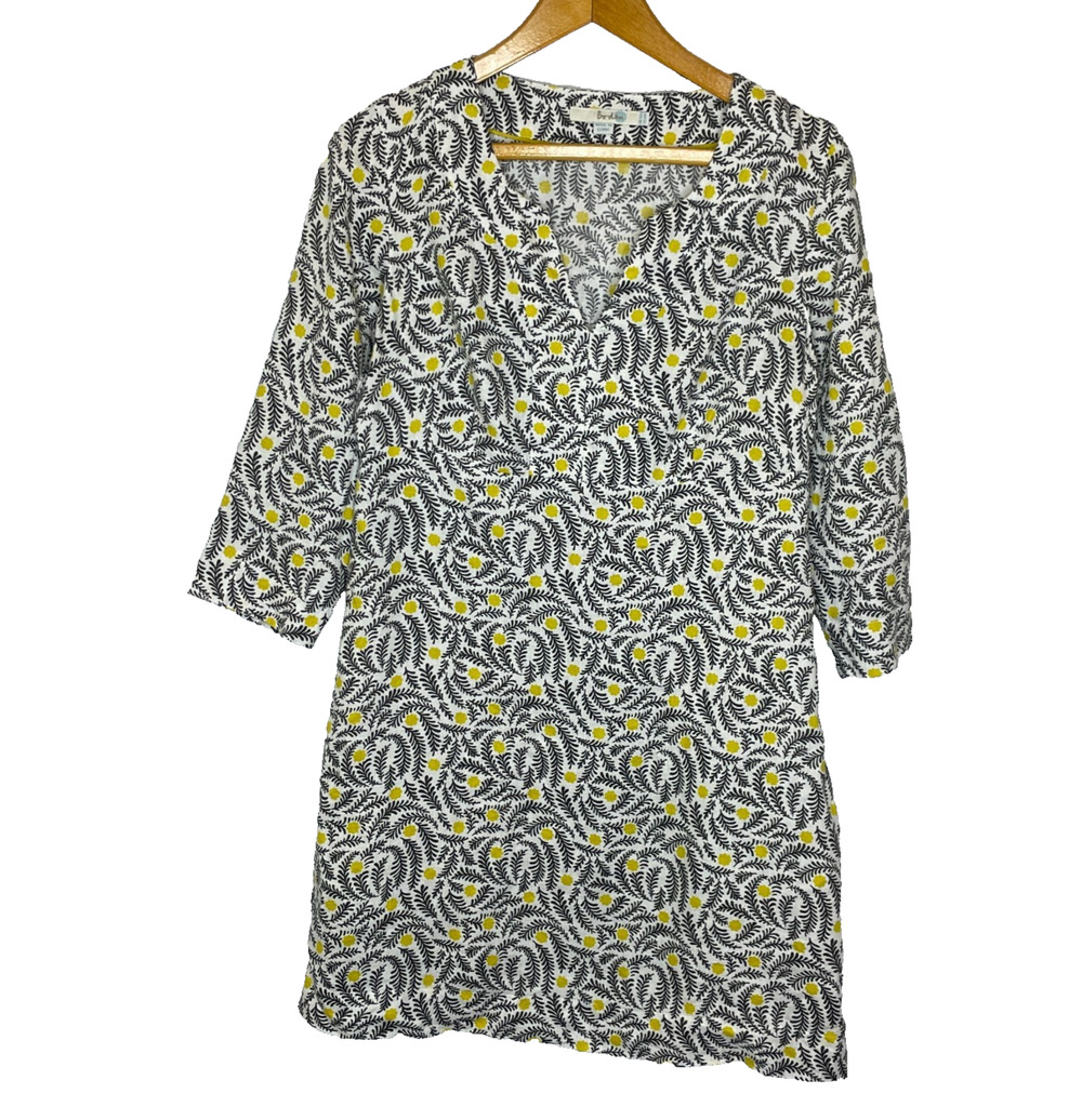 Women's 6 Boden 100% Linen Floral V-Neck Tunic Dress Yellow Gray